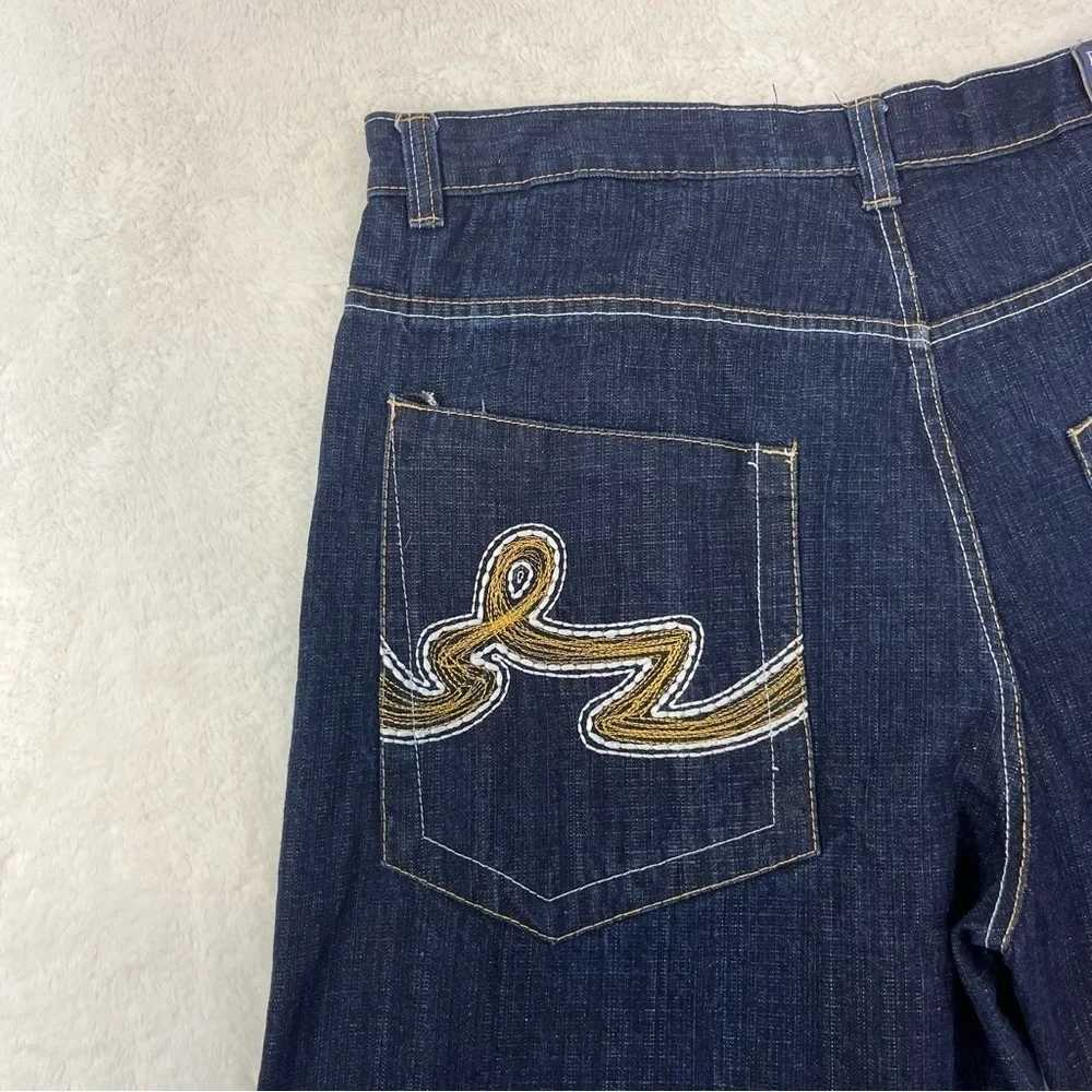 VTG EVOLUTION in Design Jeans Men 40X33 Blue Gold Pocket Embroidery Wide Leg Y2K